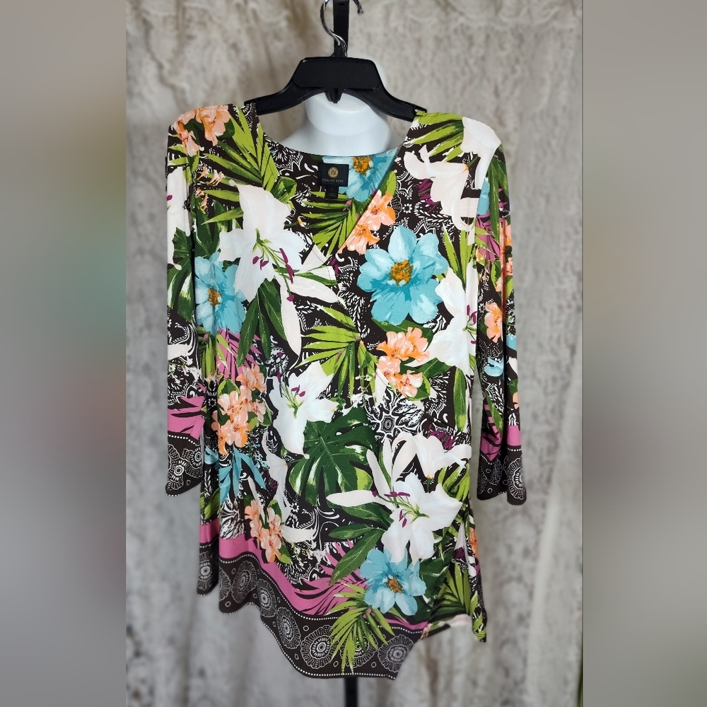 JM Collection Multicolor Tropical Floral Green Orange Tunic Top Nwot